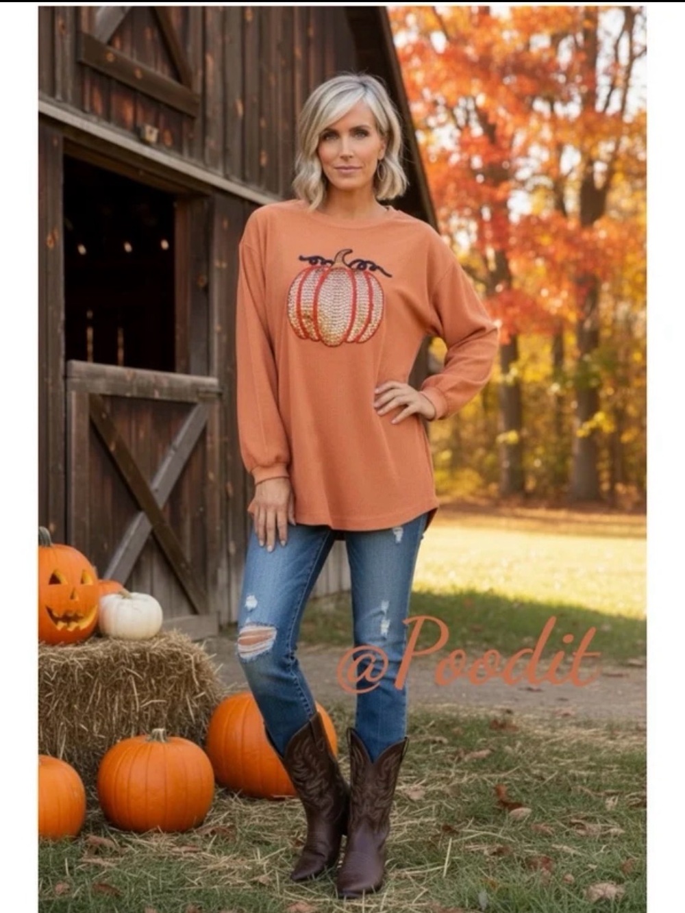 POODIT Orange corded sequin pumpkin pull over S M L XL 2XL